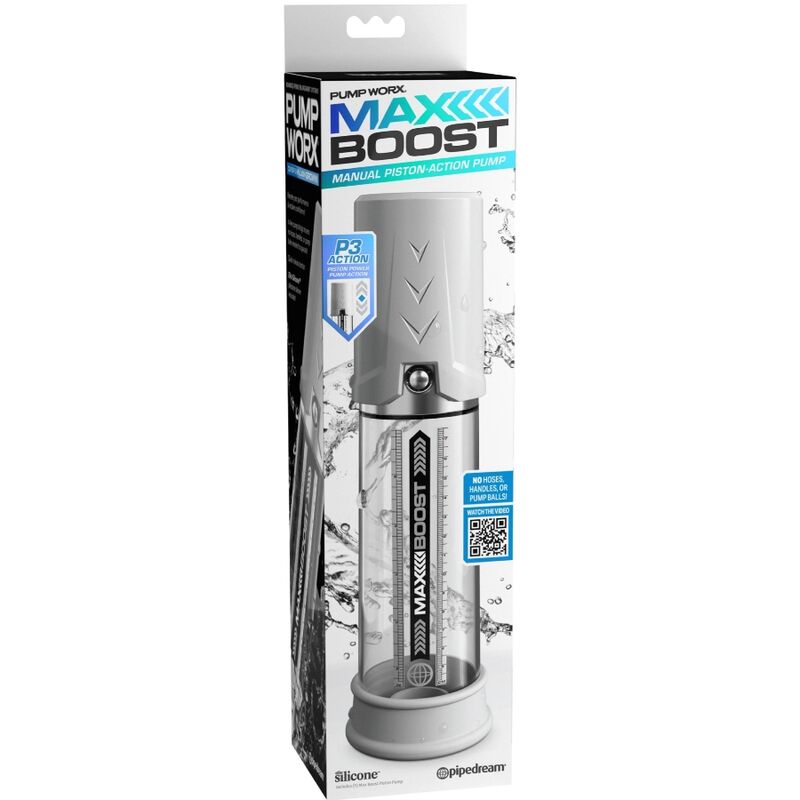 Bomba de erección PUMP WORX Max Boost en color blanco, con diseño compacto y control de presión para uso íntimo.