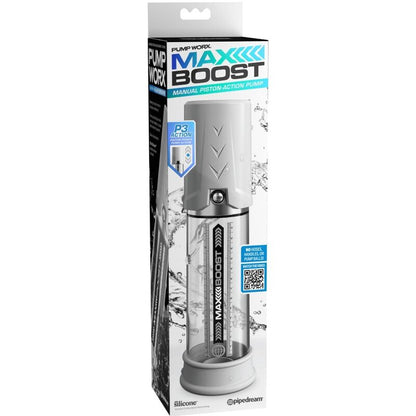 Bomba de erección PUMP WORX Max Boost en color blanco, con diseño compacto y control de presión para uso íntimo.