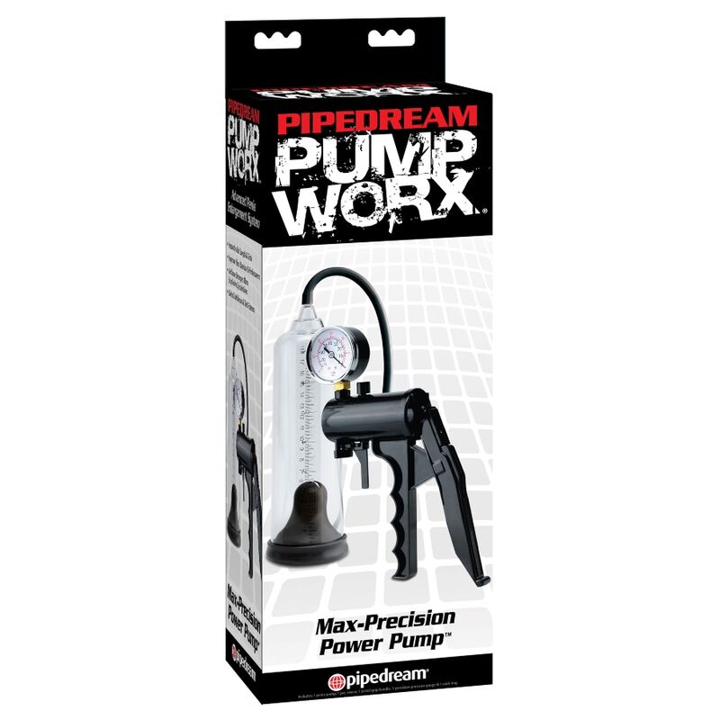 PUMP WORX máxima precisión bomba de erección, diseño ergonómico con manija y medidor, ideal para uso personal.