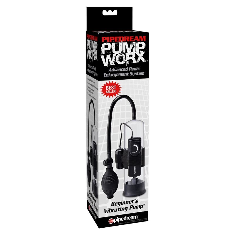 Bomba de succionador vibradora PUMP WORX para principiantes, muestra la bomba de color rosa con control de intensidad.