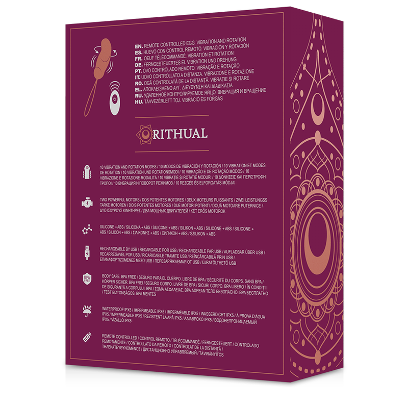Huevo control remoto RITHUAL ESHA con sistema de rotación y vibración, diseñado para placer y estimulación.