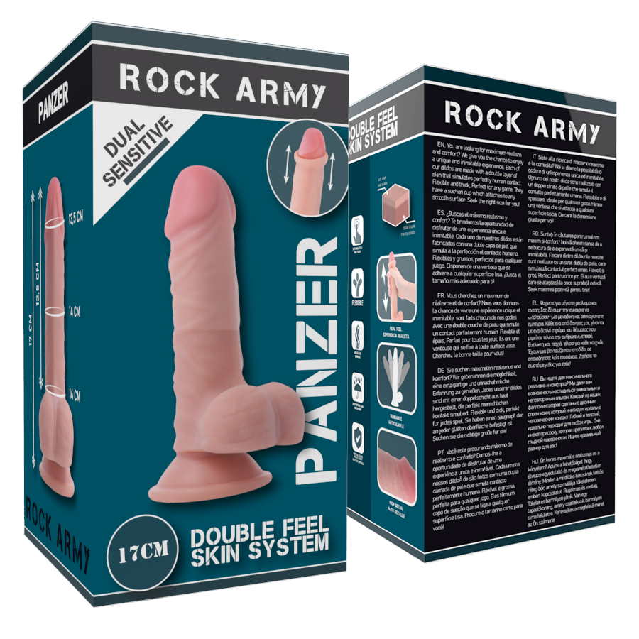 Dildo realista de doble densidad ROCKARMY Panzer, 17 cm de longitud y 4.46 cm de diámetro, con textura detallada.