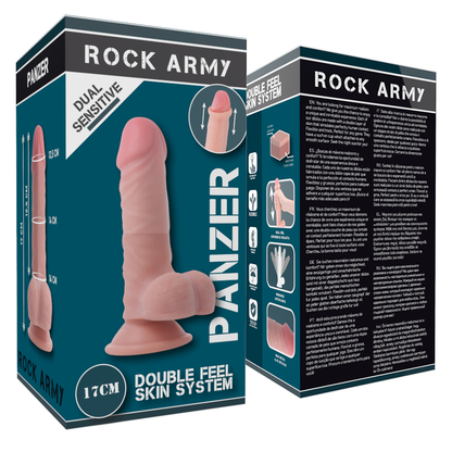 Dildo realista de doble densidad ROCKARMY Panzer, 17 cm de longitud y 4.46 cm de diámetro, con textura detallada.