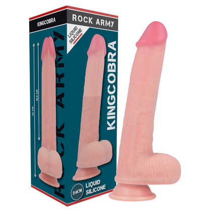 Dildo realista de silicona líquida ROCKARMY KingCobra, 24 cm de longitud, 4.77 cm de diámetro, diseño detallado.