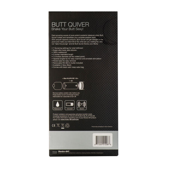 Black ROCKS-OFF Butt Quiver with 7 speeds, designed for targeted P-spot stimulation.