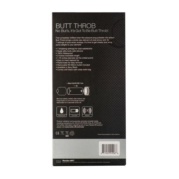 Black ROCKS-OFF Butt Throb P-spot stimulator with 7 speeds, showcasing its sleek design and ergonomic shape.