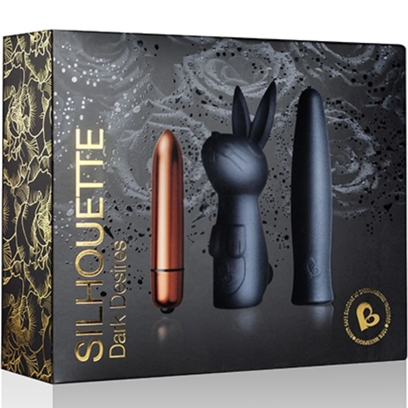 Kit de deseos oscuros Silhouette Dark Desire de la marca ROCKS-OFF, incluye vibrador y accesorios para adultos, en colores oscuros.