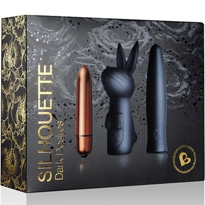 Kit de deseos oscuros Silhouette Dark Desire de la marca ROCKS-OFF, incluye vibrador y accesorios para adultos, en colores oscuros.