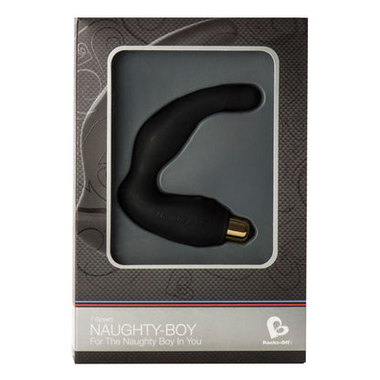 ROCKS-OFF Naughty-Boy G-spot massager for men, sleek black design with ergonomic shape and angled tip for targeted stimulation.
