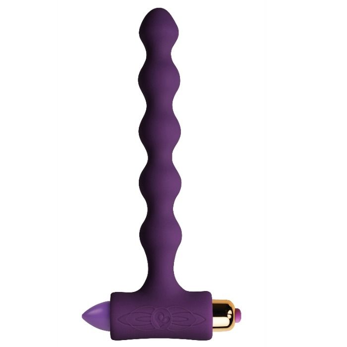 ROCKS-OFF Petite Sensations Pearls anal plug with vibration and pulsation features, purple silicone with textured surface and pearl design.