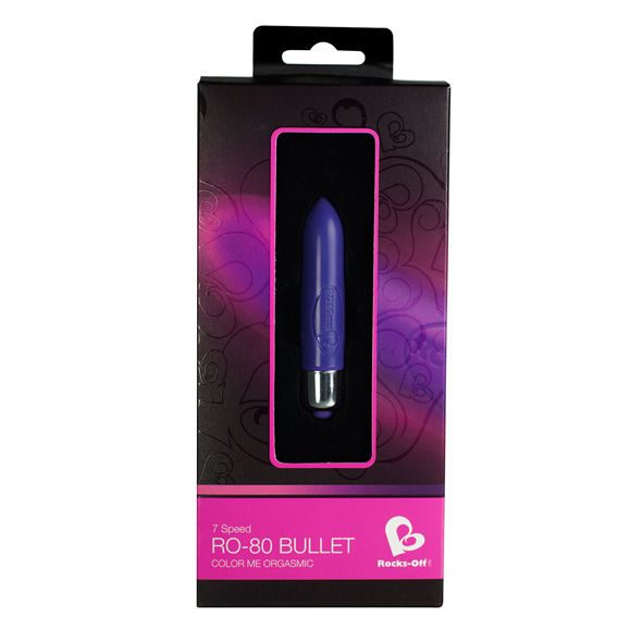 Vibrador bala ROCKS-OFF RO-80 MM con cambio de color y motor de 7V, en colores vibrantes, diseño compacto y portátil.