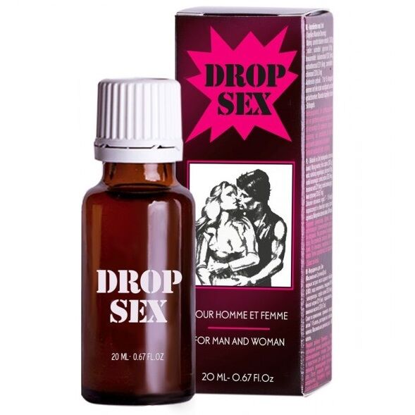 Gotas del amor RUF Drop Sex en frasco de 20 ml, con gotas para mejorar la experiencia íntima, en envase transparente.
