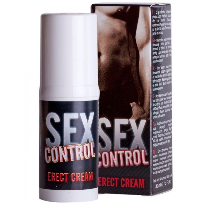 Crema RUF para el control de la erección, frascos y aplicación en la zona íntima masculina, en envase blanco y colorido.