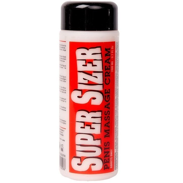 Crema de masaje para el pene RUF Super Sizer, frascos y textura cremosa visible en la imagen.