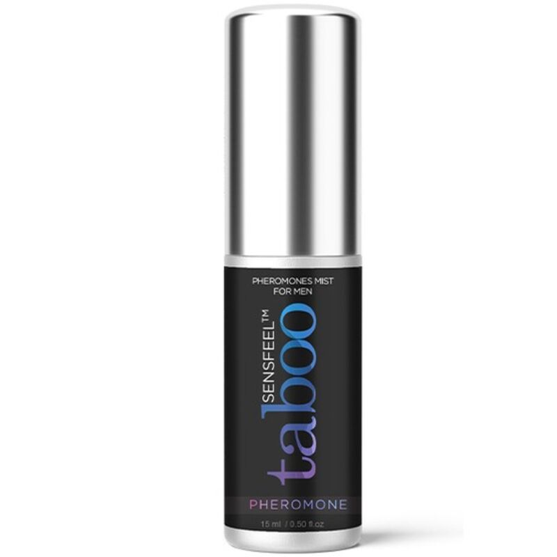 Perfume de feromonas RUF Taboo para él en frasco de 15 ml, botella elegante con etiqueta moderna y diseño atractivo.