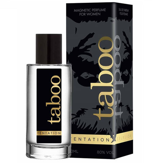 Perfume RUF Taboo Tentation con feromonas para ella, frasco de 50 ml, mostrando la botella con diseño elegante y etiqueta.