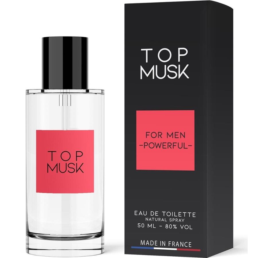 Perfume RUF Top Musk con feromonas para el cuerpo, fragancia duradera y seductora en frasco elegante.