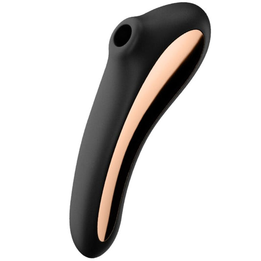 Estimulador de clítoris SATISFYER DUAL KISS negro con tecnología Air Pulse para placer sensorial, visible en la imagen.
