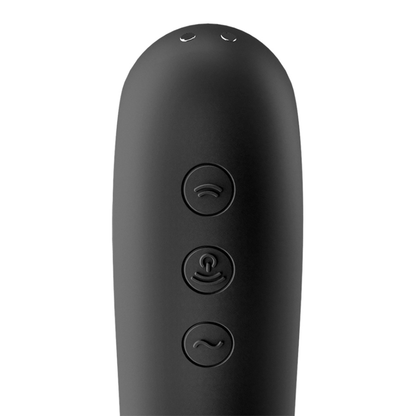 Estimulador de clítoris SATISFYER DUAL KISS en color negro con diseño compacto y botones de control, para placer íntimo.
