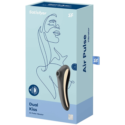 Estimulador de clítoris SATISFYER DUAL KISS negro con tecnología Air Pulse, diseñado para placer y estímulo intenso.