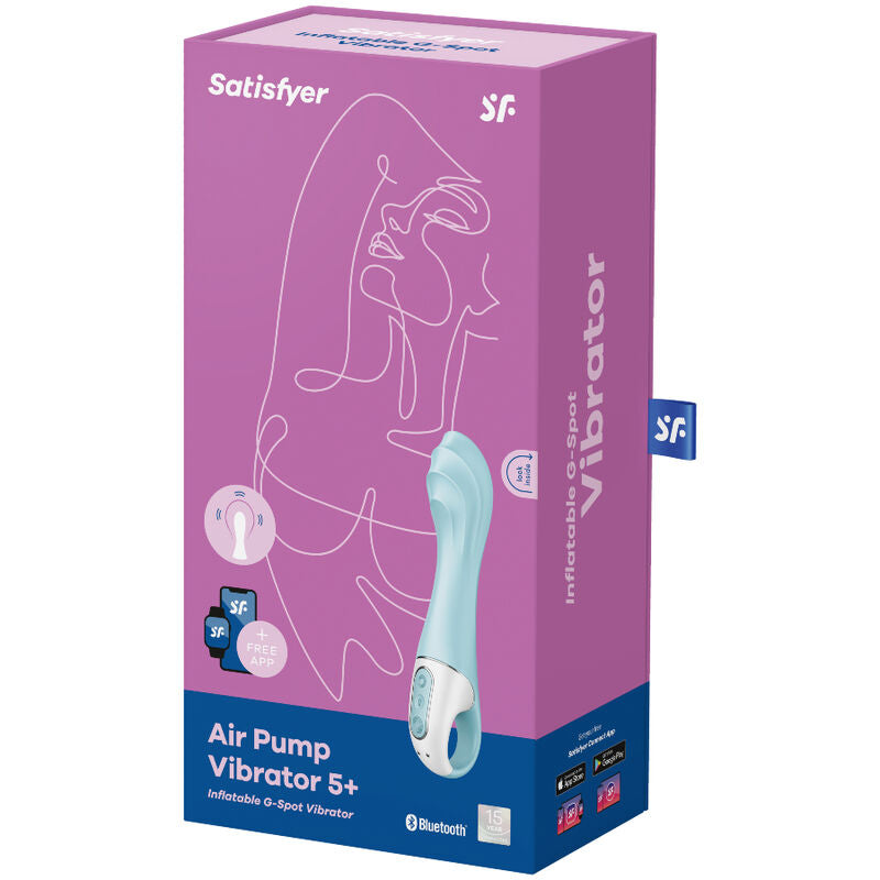 Vibrador punto G inflable SATISFYER AIR PUMP VIBRATOR 5 en color azul, controlado por app, con diseño moderno y flexible.