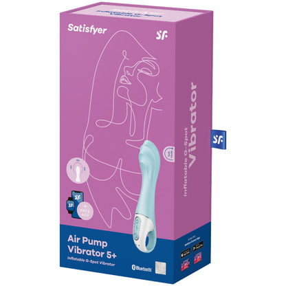 Vibrador punto G inflable SATISFYER AIR PUMP VIBRATOR 5 en color azul, controlado por app, con diseño moderno y flexible.