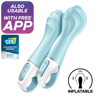 Vibrador inflable SATISFYER AIR PUMP VIBRATOR 5+ en color azul, con control a través de la app, diseñado para el punto G.