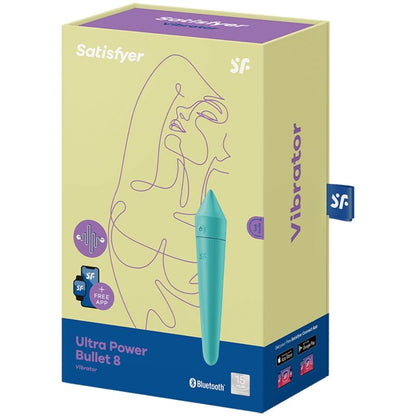 Turquoise Satisfyer Ultra Power Bullet Vibrator by Satisfyer Connect, compact personal adult pleasure device.