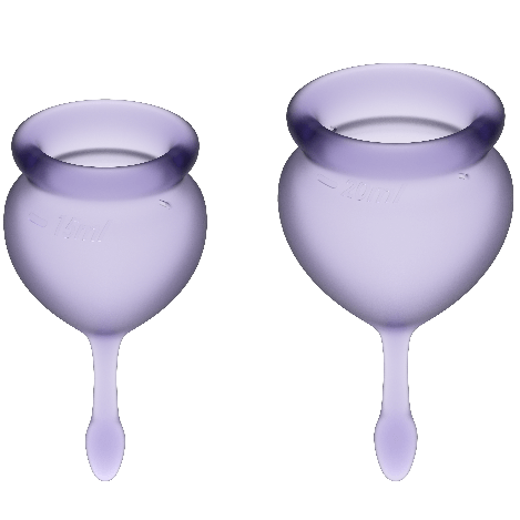 Kit de copas menstruales SATISFYER en azul intenso con 15 y 20 ml, incluyendo lubricantes y accesorios para bienestar menstrual.