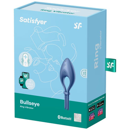 Anillo vibrador Satisfyer Bullseye en color azul con control a través de la app, diseñado para estimulación íntima.