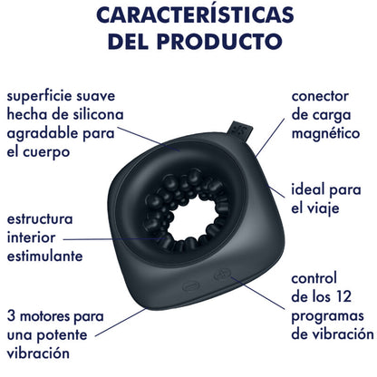 Anillo masturbador y vibrador SATISFYER RING, diseñado para estimular y brindar placer, con textura y control en la imagen.