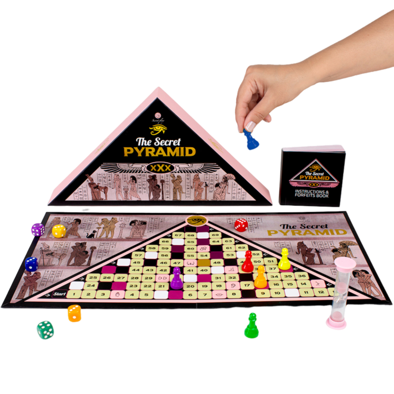 Colorful SECRETPLAY pyramid game with various language options displayed on the box, showcasing its fun design and gameplay.