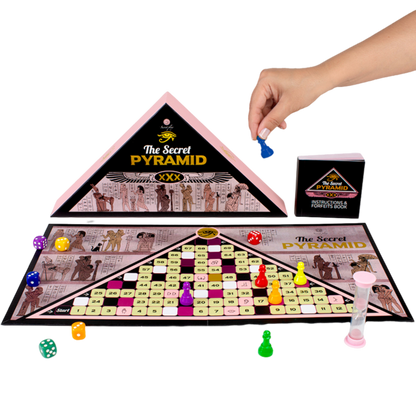 Colorful SECRETPLAY pyramid game with various language options displayed on the box, showcasing its fun design and gameplay.