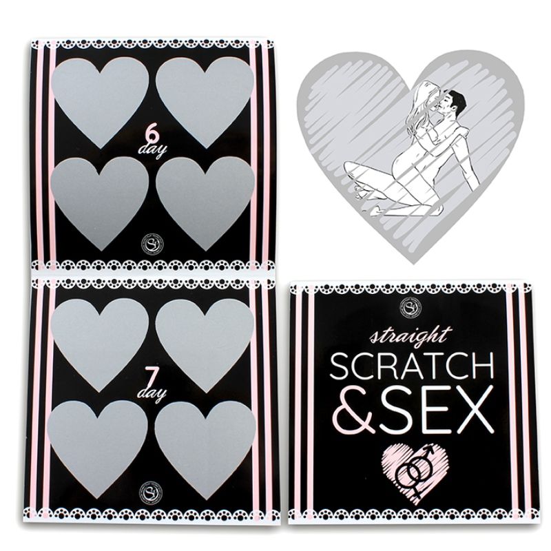 Juego SECRETPLAY Scratch & Sex para parejas hetero, incluye instrucciones en varios idiomas, con elementos para juegos íntimos.
