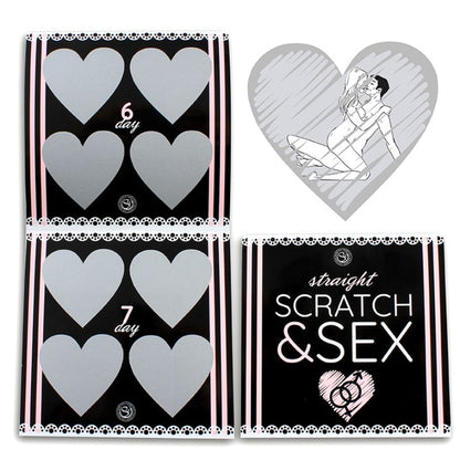 Juego SECRETPLAY Scratch & Sex para parejas hetero, incluye instrucciones en varios idiomas, con elementos para juegos íntimos.