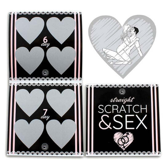 Juego SECRETPLAY Scratch & Sex para parejas hetero, incluye instrucciones en varios idiomas, con elementos para juegos íntimos.