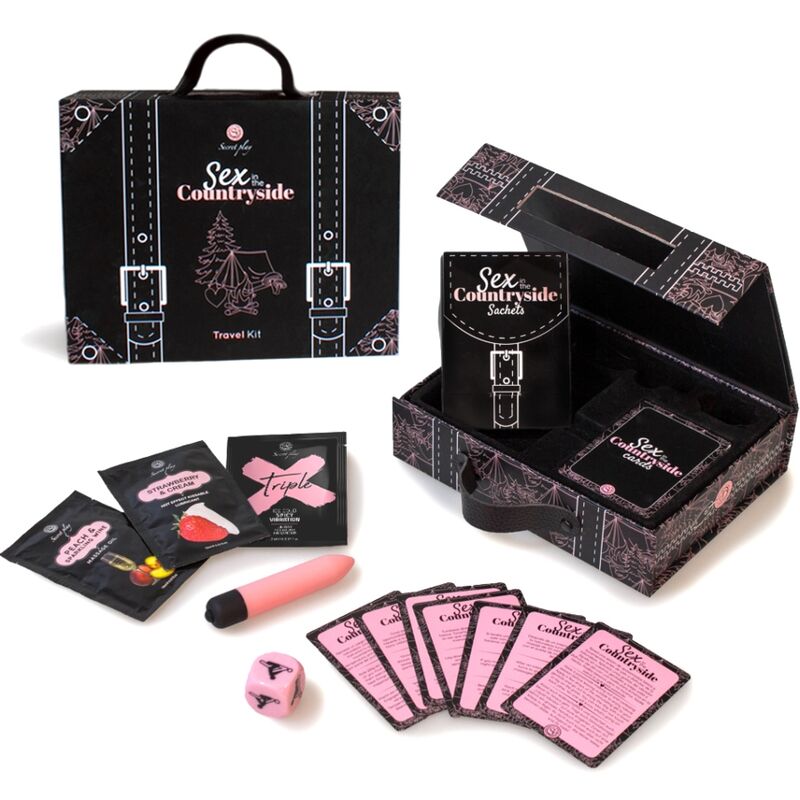 Kit de viaje SECRETPLAY para sexo en el campo, incluye accesorios y juguetes para juegos íntimos en un set compacto.
