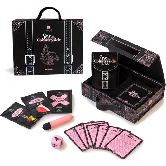 Kit de viaje SECRETPLAY para sexo en el campo, incluye accesorios y juguetes para juegos íntimos en un set compacto.