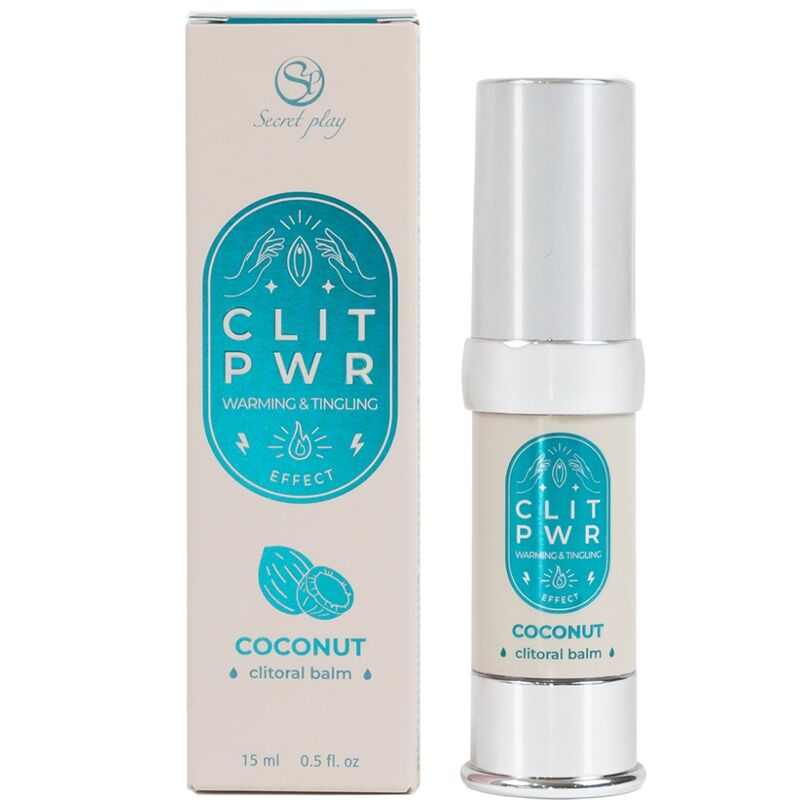 Bálsamo de clítoris Secret Play Clit Pwr con aroma a coco, en envase blanco y negro, para cuidado íntimo femenino.