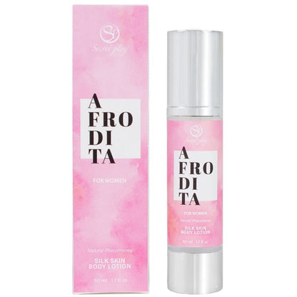 Loción corporal Afrodita de SECRETPLAY COSMETIC, con textura sedosa y suave, en frasco con etiqueta blanca y detalles dorados.