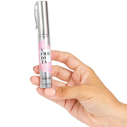 Perfume Afrodita de SECRETPLAY COSMETIC con feromonas para mujer en formato de viaje, spray, frasco compacto y elegante.