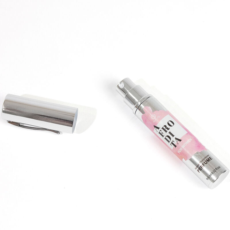 Perfume Afrodita de SECRETPLAY Cosmetic con feromonas para mujer en formato de viaje, spray elegante y compacto.
