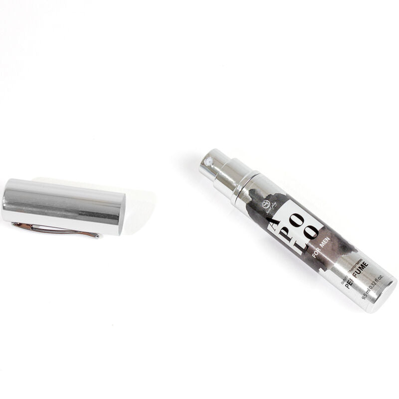 Travel-sized SECRETPLAY Apolo pheromone spray for men in a sleek bottle design.