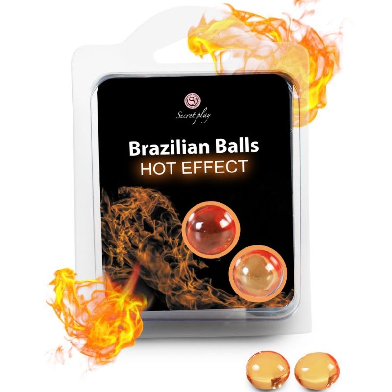Pelotas brasileñas SECRETPLAY COSMETIC con efecto calor, 2 unidades, muestra la textura y tamaño del producto en el envase.