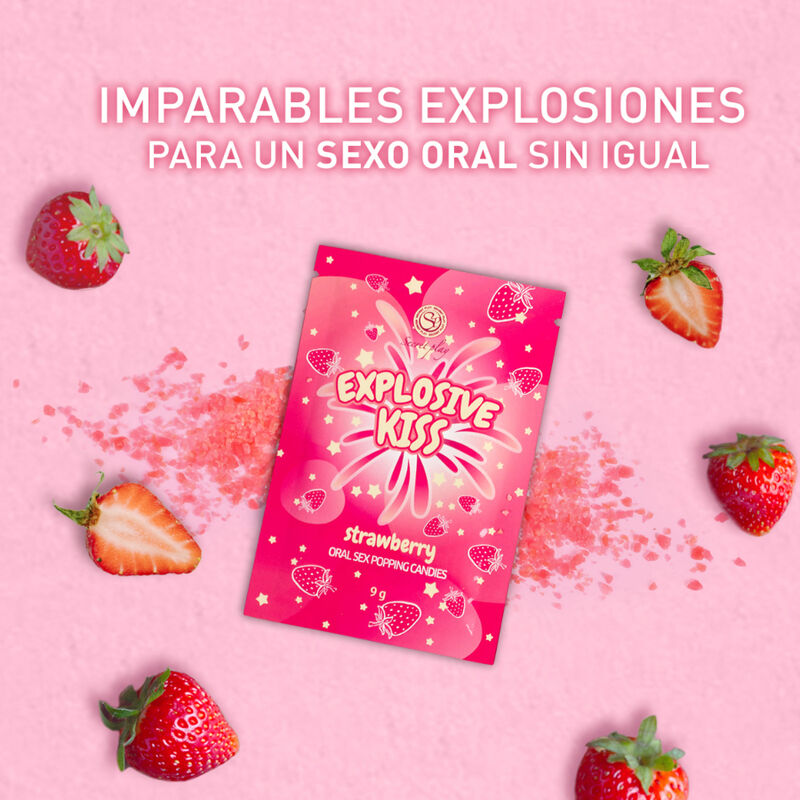 Caramelos explosivos de fresa de SECRETPLAY COSMETIC, con envoltorio colorido y textura atractiva, en una caja vibrante.