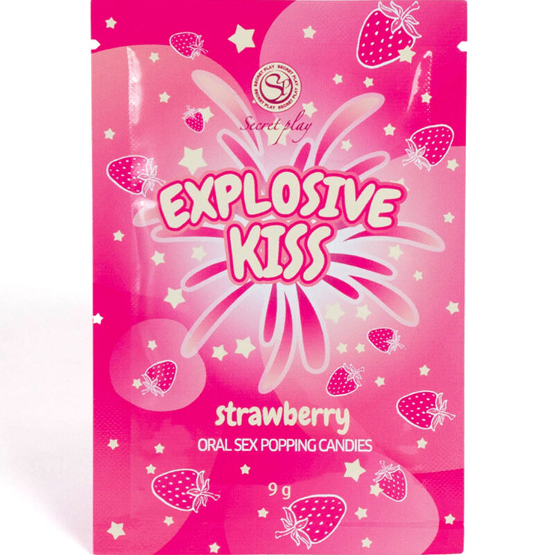 Caramelos explosivos de fresa de la marca SECRETPLAY COSMETIC, con envoltorio colorido y textura dulce y brillante