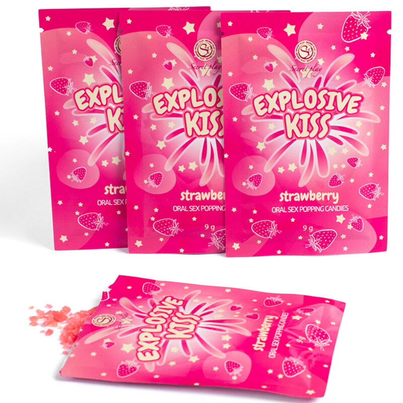 Caramelos explosivos de fresa de SECRETPLAY COSMETIC, dulces y coloridos en paquete.