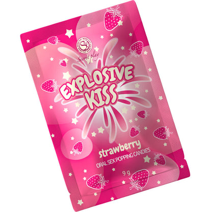 Caramelos explosivos de fresa de la marca SECRETPLAY COSMETIC, con textura y color vibrantes, en envase transparente.