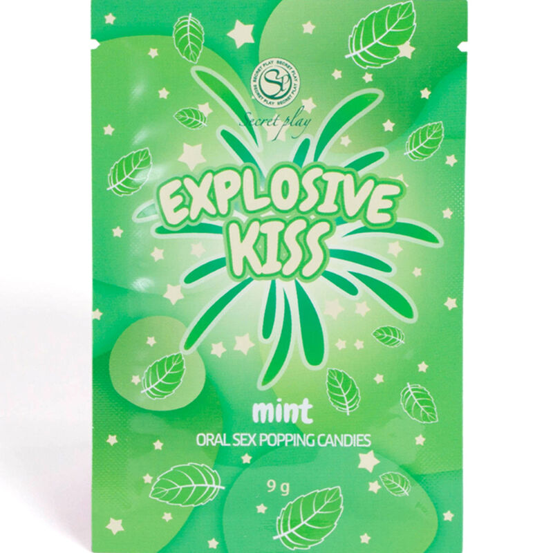 Chupetes de menta SECRETPLAY CARAMELOS EXPLOSIVOS, menta fresca y sabor intenso en envase colorido de SECRETPLAY COSMETIC