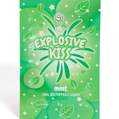 Chupetes de menta SECRETPLAY CARAMELOS EXPLOSIVOS, menta fresca y sabor intenso en envase colorido de SECRETPLAY COSMETIC